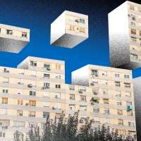Surreal illustration of many housing units in a building selectively levitating