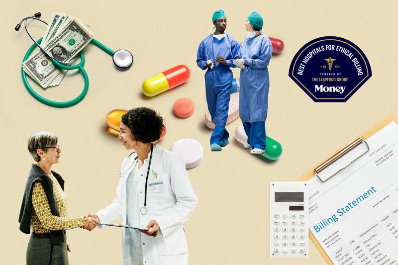 Photo collage of a doctor shaking a patient's hand; two doctors in scrubs walking; a stethoscope with dollar bills and a medical bill statement with a calculator
