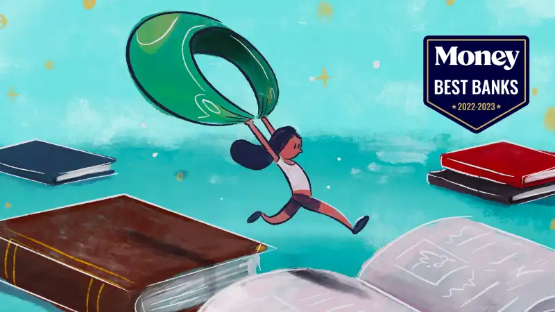 Illustration of a student jumping from book to book using a dollar bill as a parachute