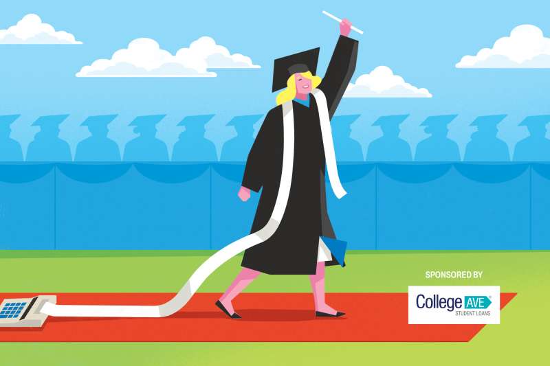 Illustration of a college graduate wearing a cap and gown where her stole is a long receipt connected to a calculator