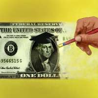 Illustration of a hand erasing a one dollar bill where George Washington is wearing a graduation cap