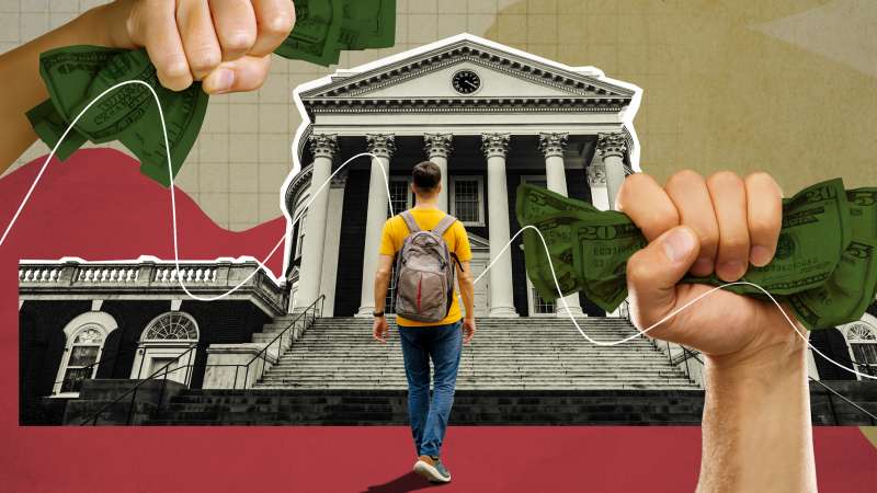 Photo collage of a student walking up to a University building, and two hands holding dollar bills