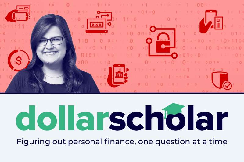 Dollar Scholar banner featuring online banking icons with numbers in the background