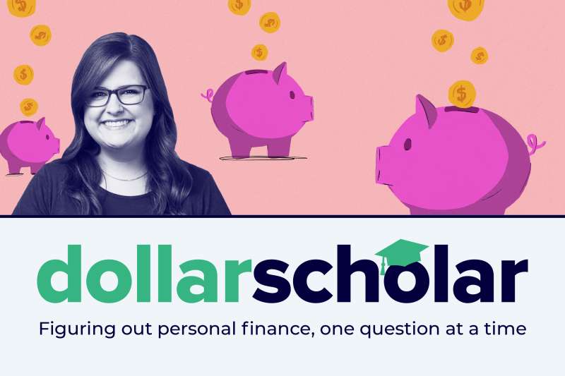 Dollar Scholar banner featuring piggy banks and coins in the background