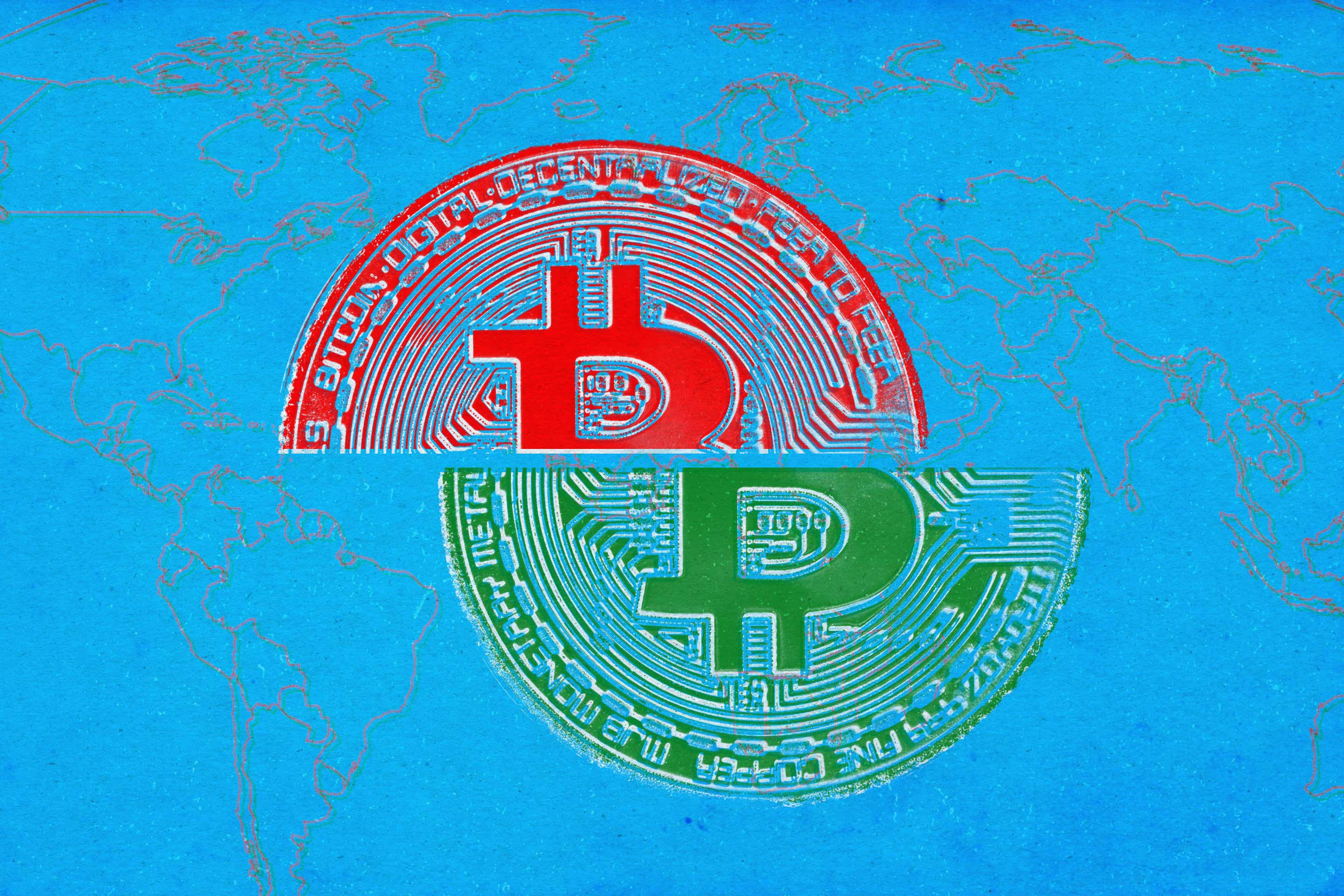 Illustration of a crypto coin divided on top of a world map