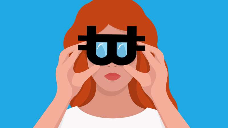 Illustration of a woman holding a Bitcoin shaped binoculars looking ahead