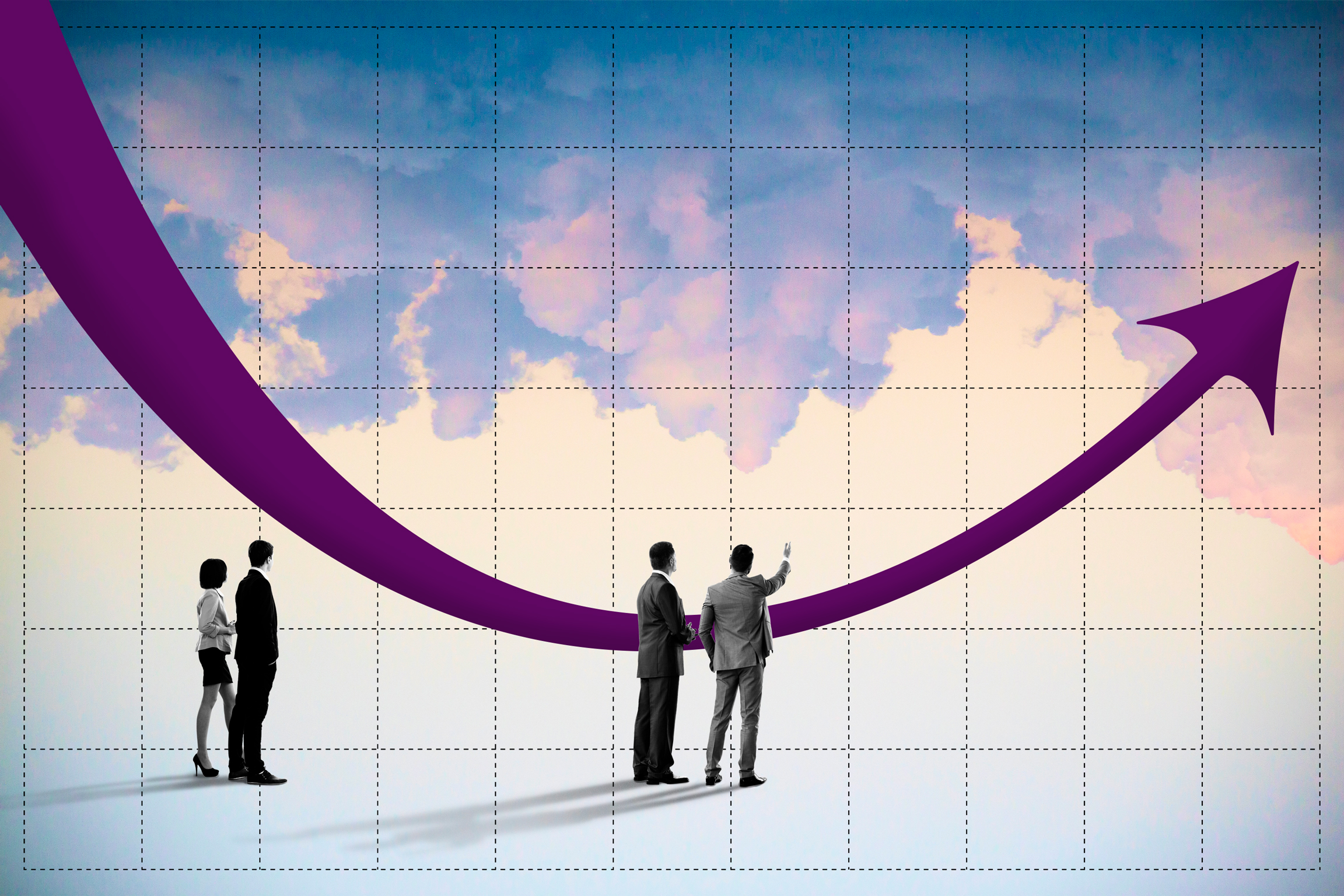 Photo collage of four financial advisors standing in an upside down sky, with an upward flying arrow
