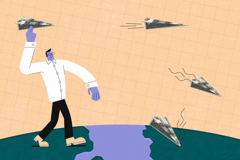 Illustration of a man standing on top of the earth throwing paper airplanes made out of hundred dollar bills.