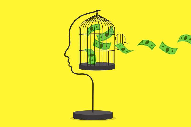 Illustration of a bird cage, held by a frame shaped like a face profile, with the door open letting money fly out