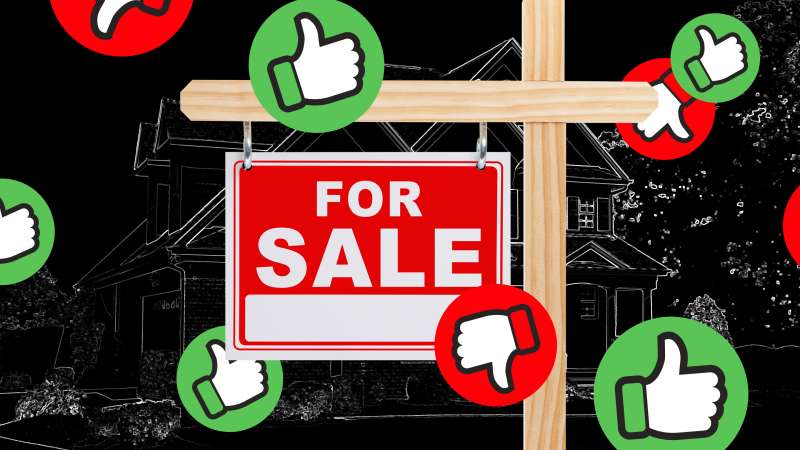 Photo collage of a  For Sale  sign with multiple icons of a thumbs up and a thumbs down with an outline of a house in the background