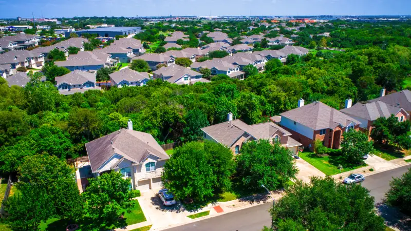 Aerial View Above Austin Texas Suburb Summer Homes