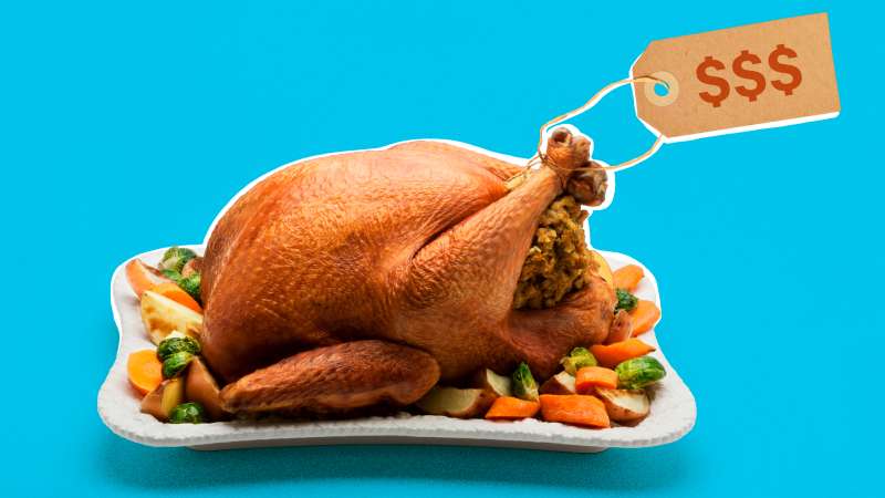 Photo collage of a cooked Thanksgiving Turkey with a Price Tag with three Dollar Signs