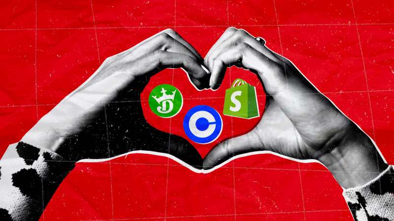 Hands forming a heart and inside are the icons of 3 popular stocks for Gen Z, Coinbase, DraftKings and Shopify