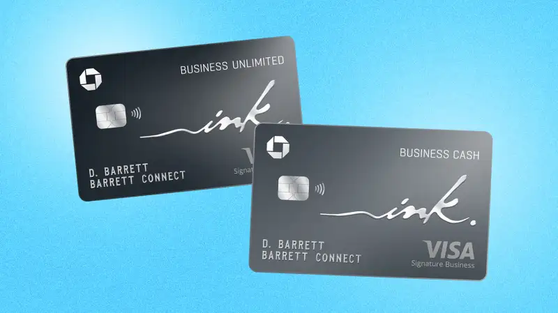 Chase Ink Business Unlimited and Chase Ink Business Cash credit cards with a colored background