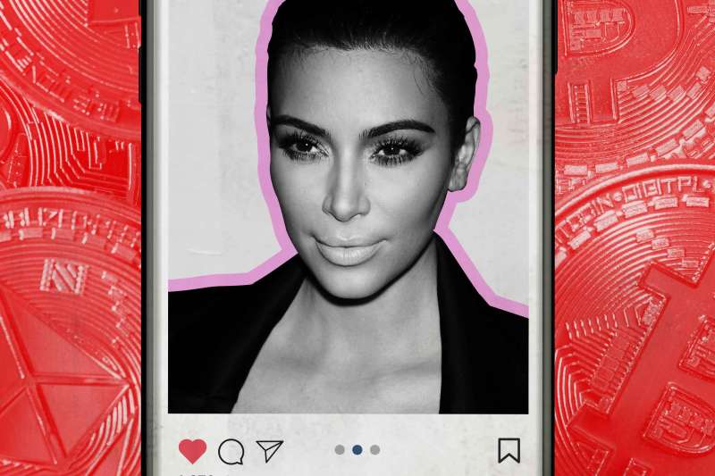 Photo Of Kim Kardashian On Instagram On A Phone In Front Of An Ethereum Coin Filled Background