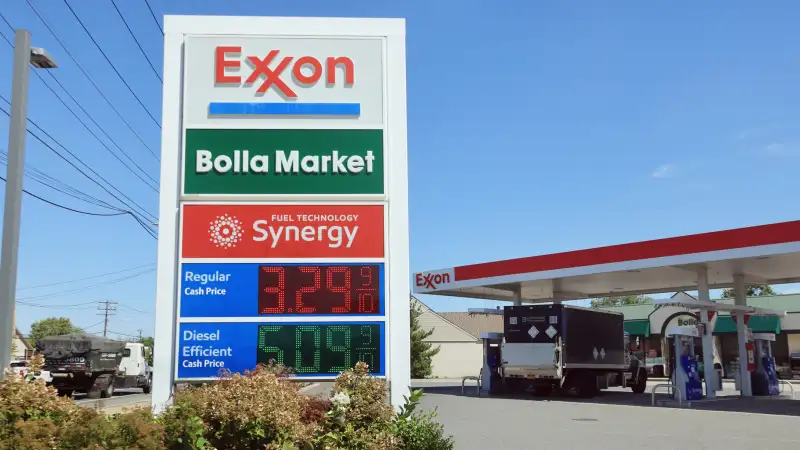 A general view of a Exxon gas station on September 15, 2022 in Farmingdale, New York