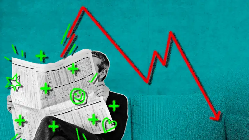 Photo collage illustration o a person reading good news in a newspaper that turn into a bad stock market indicator