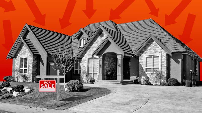 Photo illustration of a house with a for sale sign and downward arrows in the background