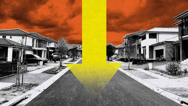 Photo illustration of suburban neighborhood homes with a huge arrow pointing down, signifying price drops that must happen