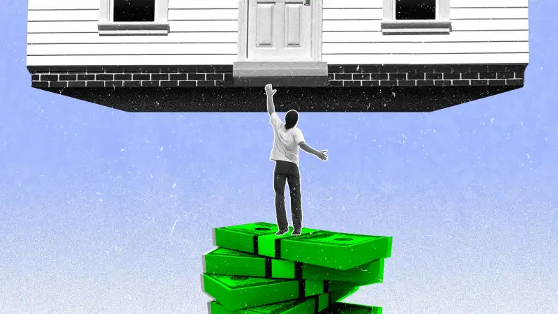 Photo collage illustration of a person on top of a stack of dollars trying to reach a house that is too high above their reach.