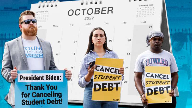 Photo collage of student loan borrowers during rally and an October calendar in the background