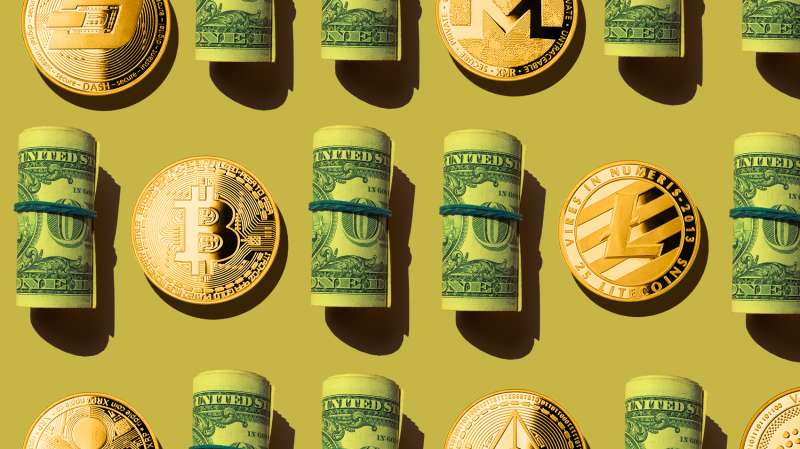Photo Collage of multiple rolls of one dollar bills next to cryptocurrency coins