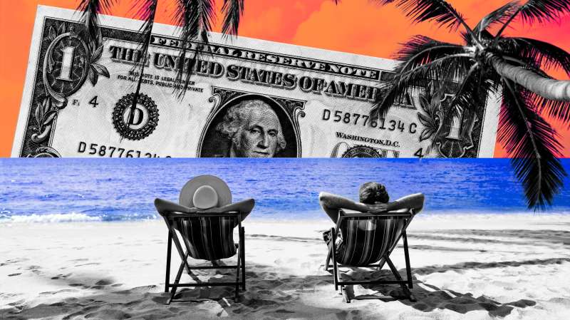 Photo collage of a couple in beach chairs looking at a surreal sunset with a dollar bill sinking under the water