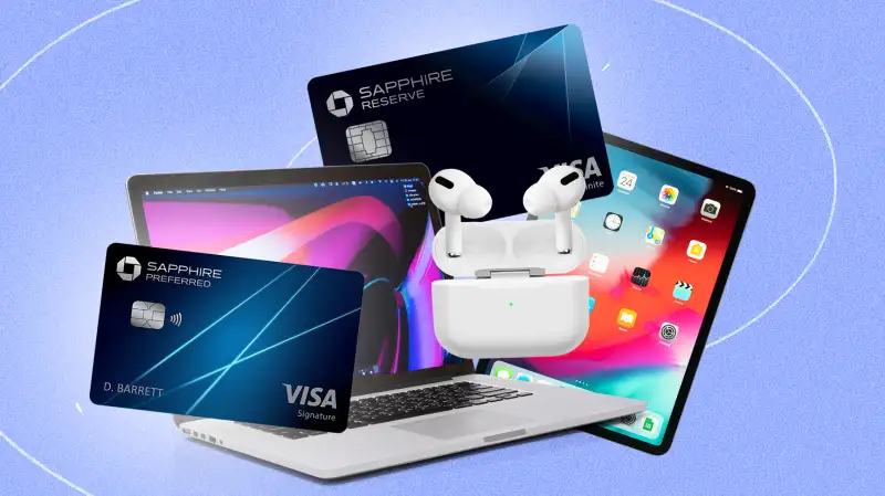 Photo Collage of a macbook laptop, apple AirPods and and iPad with The Chase Sapphire Preferred and Reserve Credit Card