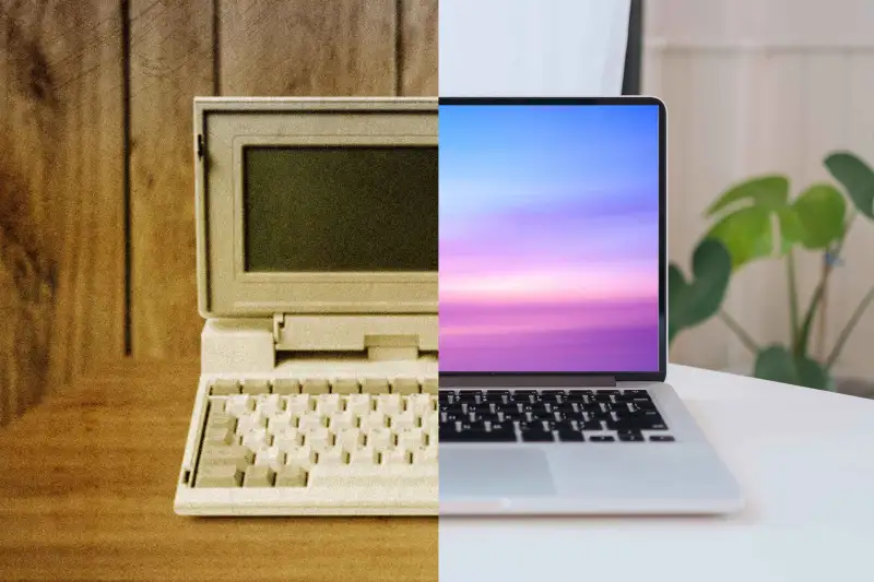 Split Screen With A Laptop From 1990 On the Left And A Modern Day Laptop On The Right