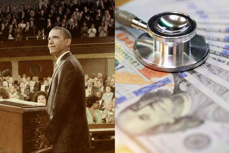 Split Screen Of President Obama in the gallery of the House Chamber on Sept. 9, 2009 On the Left And a photo of a stethoscope on top of a stack of cash On The Right