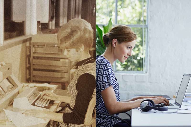 Split Screen Of A 1970 Photo Of A Woman Working At An Office On the Left And A Modern Day Photo Of A Woman Working On A Laptop On the Right