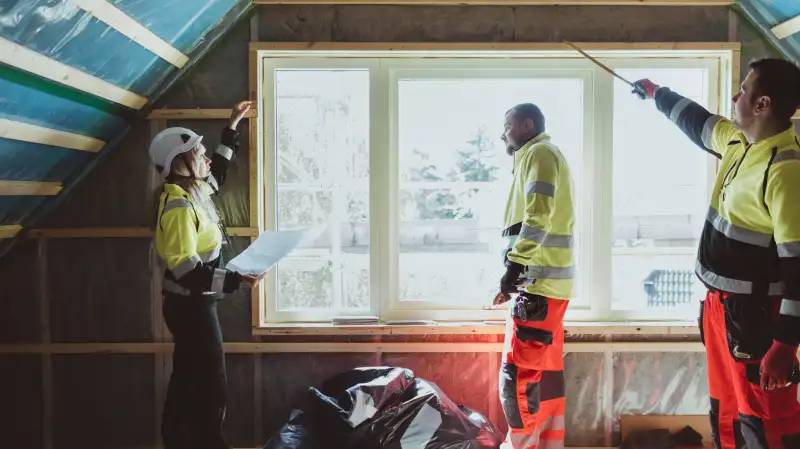 Building contractor examining window with construction worker at site