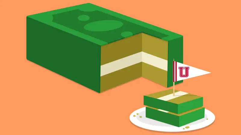 Illustration of a money shaped cake with a piece cut out and served on a plate with a University Flag