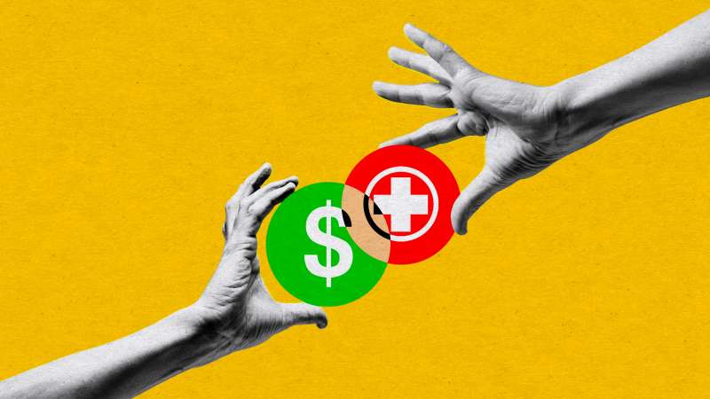 Photo collage of two hands joining icons signifying saving on health insurance