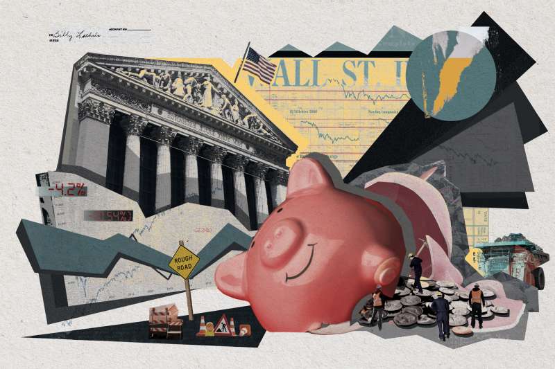Photo collage of a broken piggy bank, the New York Stock Exchange building, and negative stock market charts in the background