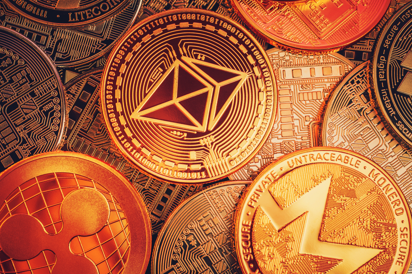 Close-up of cryptocurrency coins