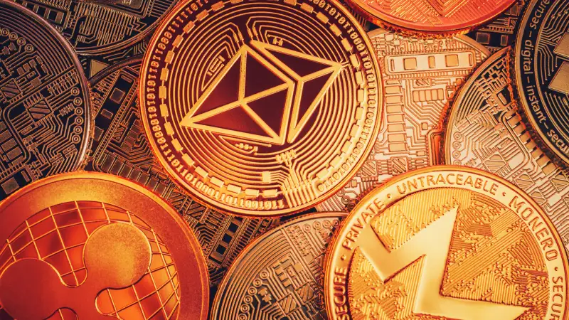 Close-up of cryptocurrency coins