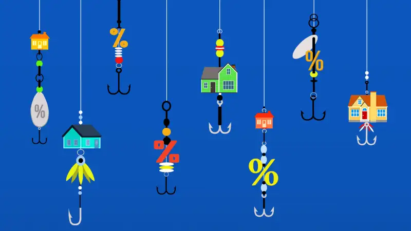 Illustration of multiple fishing hooks with small house icons and percentage signs