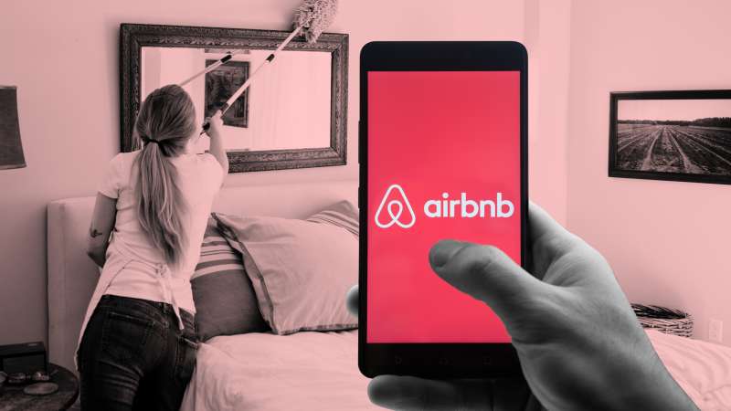 Photo collage of a hand holding a smartphone with the Airbnb app and a woman cleaning a house in the background
