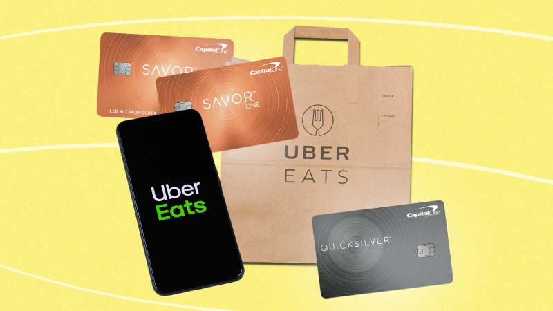 Photo Collage of the Capital One Savor, Savor One and Quicksilver credit card with an Uber Eats bag and smartphone app