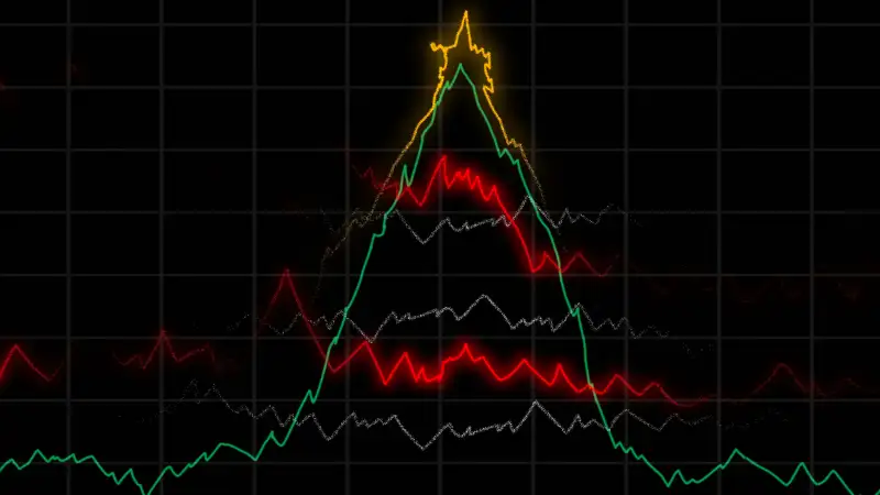 Illustration of a stock market graph made of different colors and lengths that casually form a holiday tree