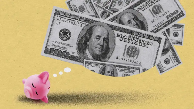 Illustration of a small piggy bank dreaming of big dollar bills