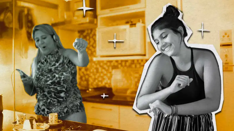 Photo illustration of a mother dancing with her optimistic Gen Z daughter