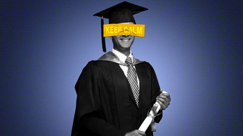 Photo collage of a college graduate in cap and gown holding a diploma with a sticker on his face that says  Keep Calm