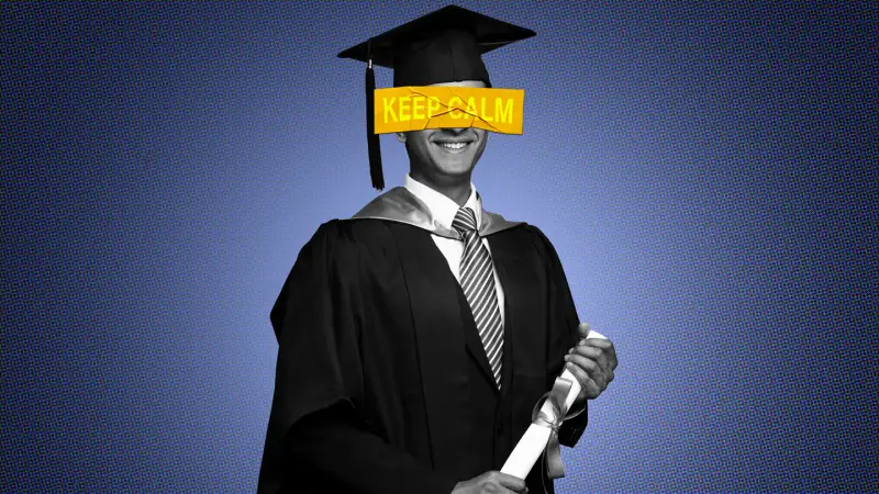 Photo collage of a college graduate in cap and gown holding a diploma with a sticker on his face that says  Keep Calm