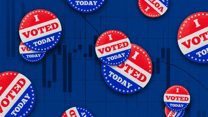 Photo Illustration of multiple  I Voted Today  stickers over a stock market chart