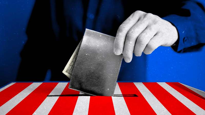 Photo illustration of a person voting with a wallet inside a ballot vox