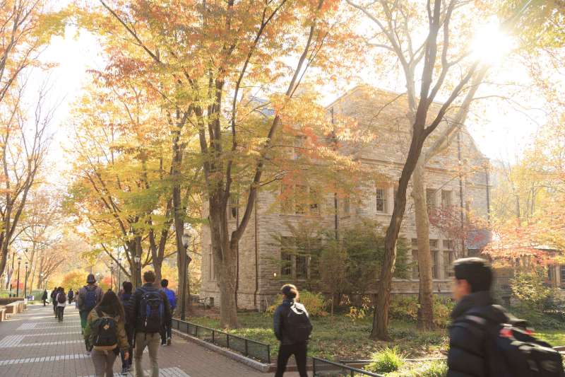 Locust Walk with students in fall