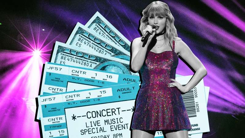 Photo Collage of Taylor Swift with concert tickets and hundred dollar bills in the background