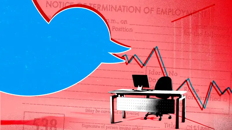 Illustration of the Twitter bird looking at an empty desk, signifying layoffs